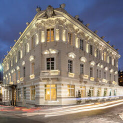 Luxury facade of Casa Gangotena Boutique Hotel overlooking Plaza de San Francisco in Quito's Historic Center.