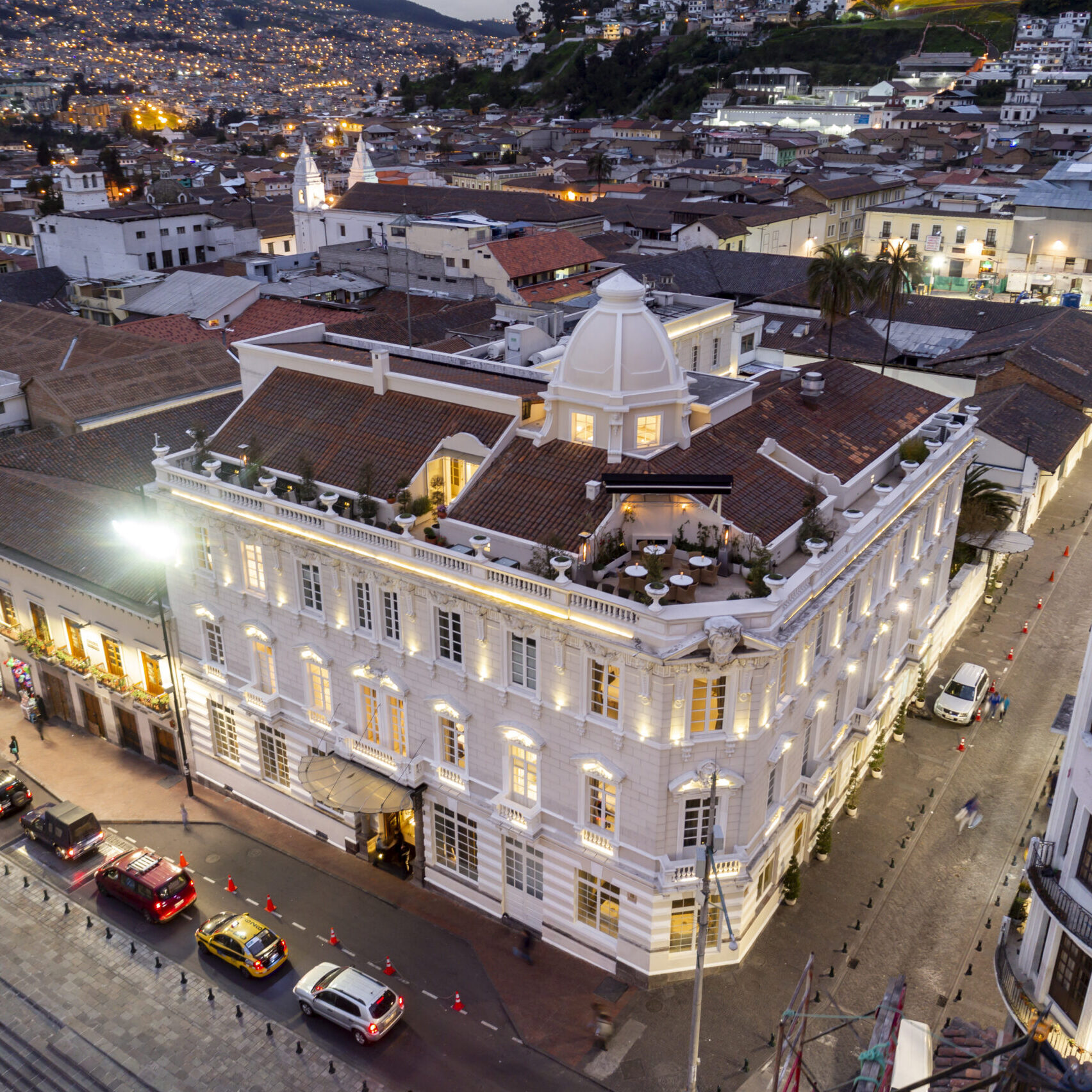 "Elegant sun-drenched courtyard at Casa Gangotena, a Relais & Châteaux hotel in Quito’s historic Old Town."