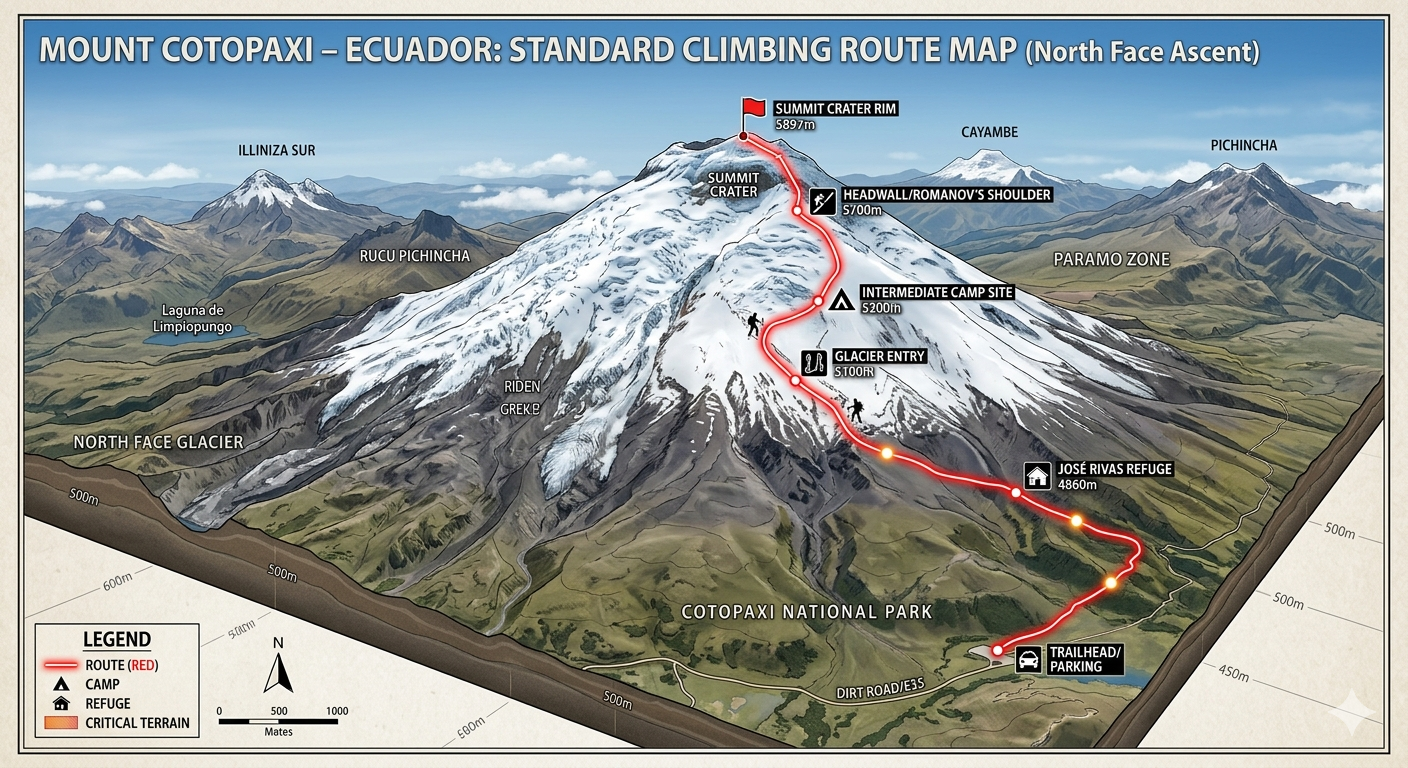 "3D topographic map showing the standard North Face climbing route up Mount Cotopaxi, Ecuador, highlighting the trailhead, José Rivas Refuge, glacier entry point, and summit crater rim."