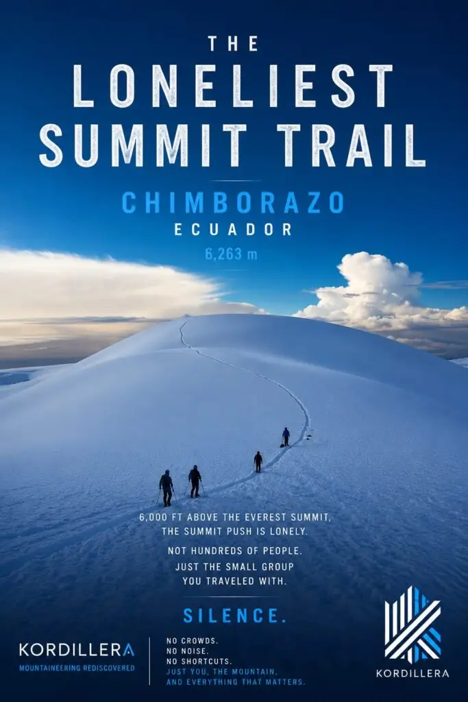 Mountaineers ascending the summit trail on Chimborazo volcano in Ecuador during a high-altitude expedition.
