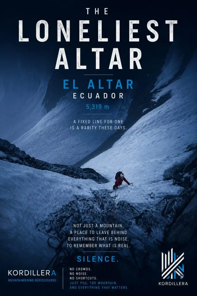 Climbers ascending the icy slopes of El Altar volcano in Ecuador.