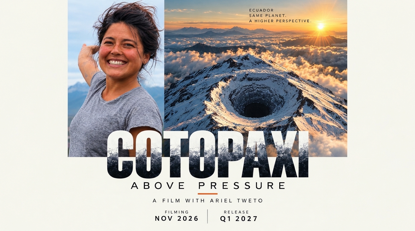 Official Cotopaxi Above Pressure film artwork with Ariel Tweto and Cotopaxi's crater